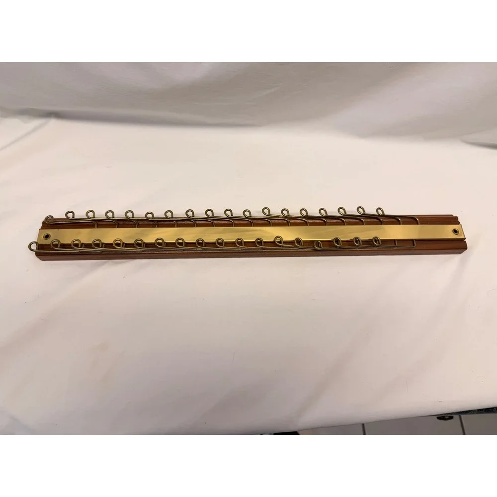 Vintage Walnut Wood Brass Tie Rack Wall Mount Closet Organizer 24 Hook 18 Inch